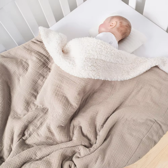 Baby Organic Cotton Crepe Muslin Sherpa Fleece Blanket