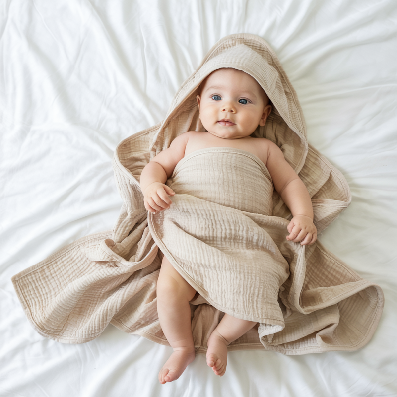 organic cotton crinkled muslin baby hooded towel (1)